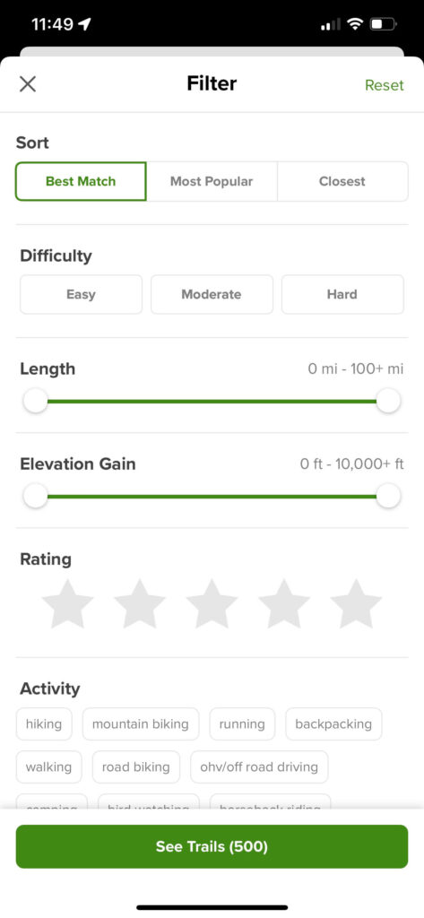 AllTrails filter feature