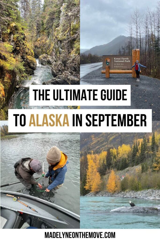 Four images of Alaska landscapes featuring a river gorge, the Kenai Fjords National Park entrance sign, fly fishing, and a bald eagle on the Kenai River