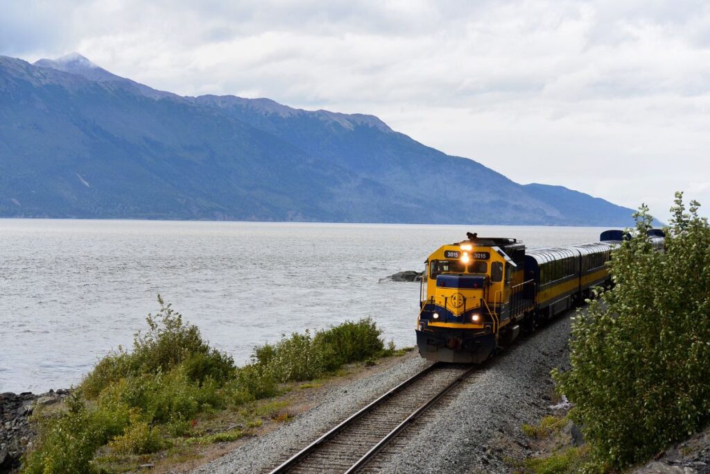 Train surrounded by mountains
