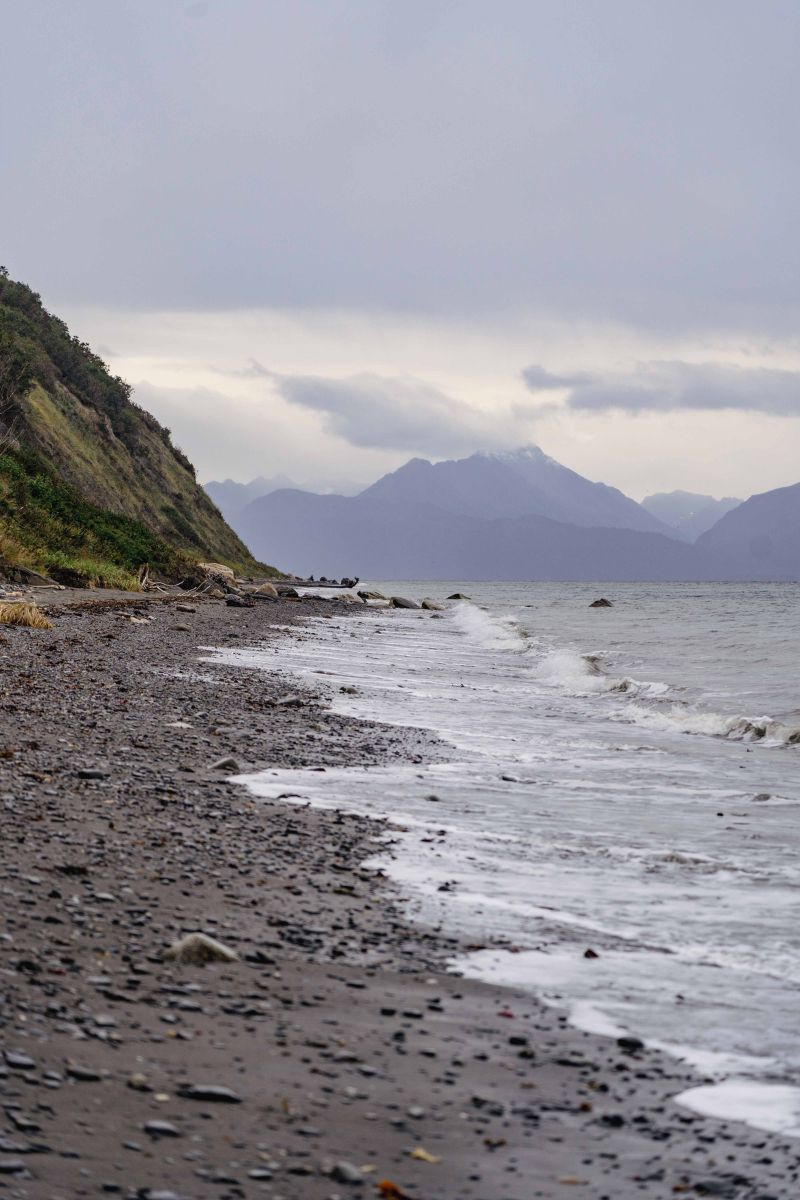 Rocky beach with snowcapped mountains in the background in Homer, Alaska