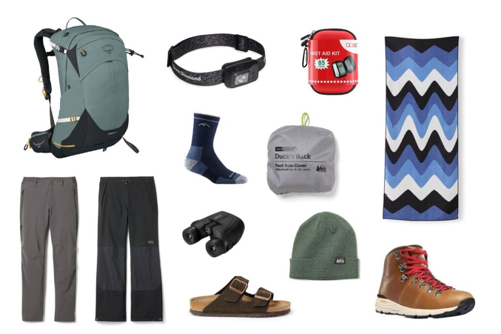 Items to pack for a fall trip to Alaska (hiking boots, towel, headlamp, wool socks, binoculars)