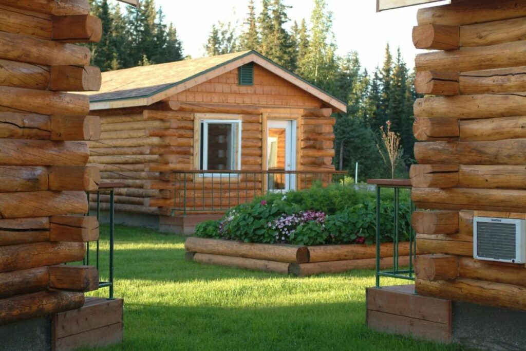 Exterior of cabins at Pike's Waterfront Lodge in Fairbanks, AK